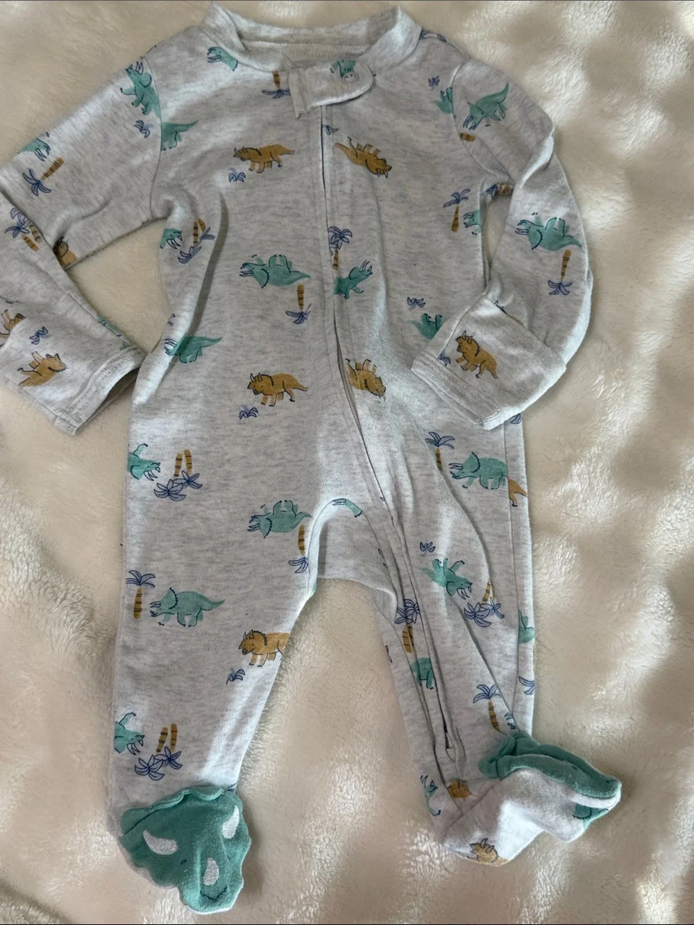 Carter's Light Gray Footed One-Piece with Teal & Mustard Dino Print